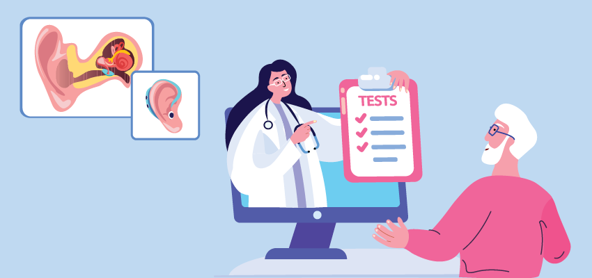 A doctor appears on a computer screen to discuss hearing test results and health options with a patient, illustrating a virtual consultation